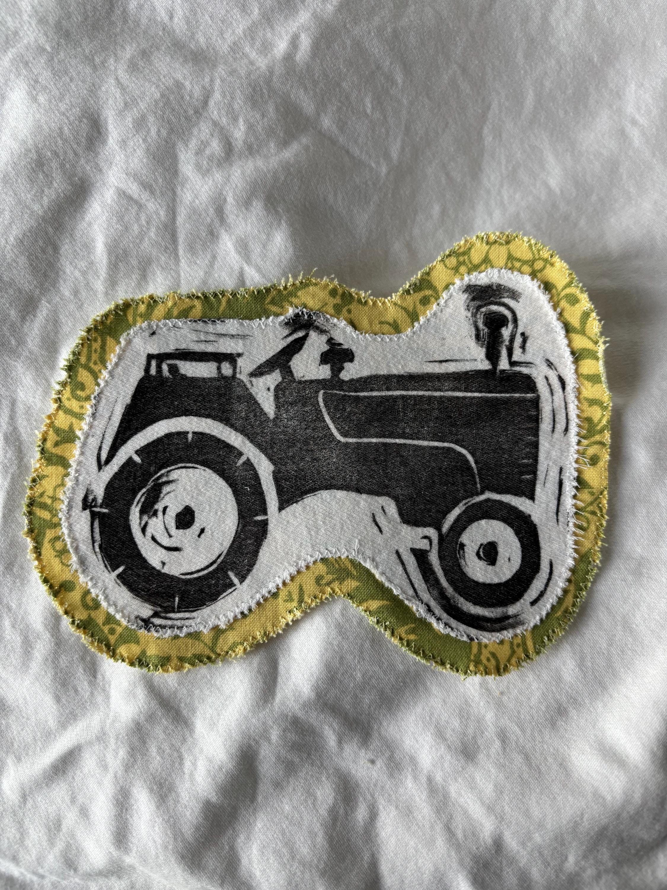 Tractor linocut patch block print