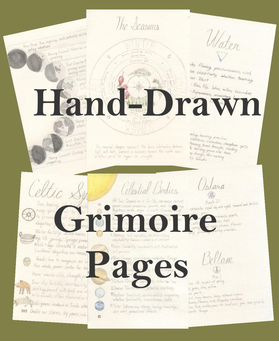 Hand drawn Grimoire Pages - Seasons, Sabbats, Elements, Planets, Moon, Celtic