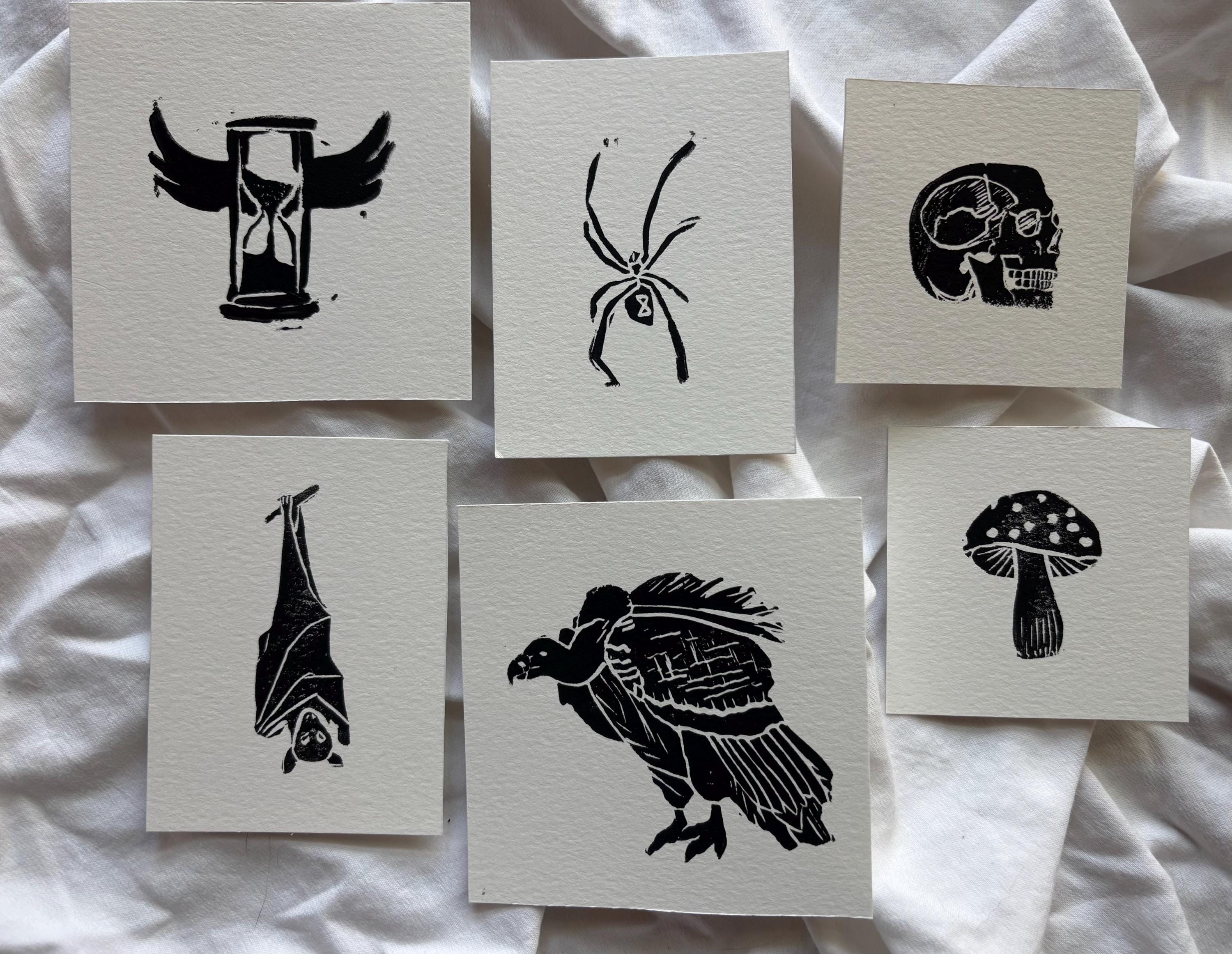 Hand carved death themed block prints - hourglass, skull, spider, bat, vulture, mushroom