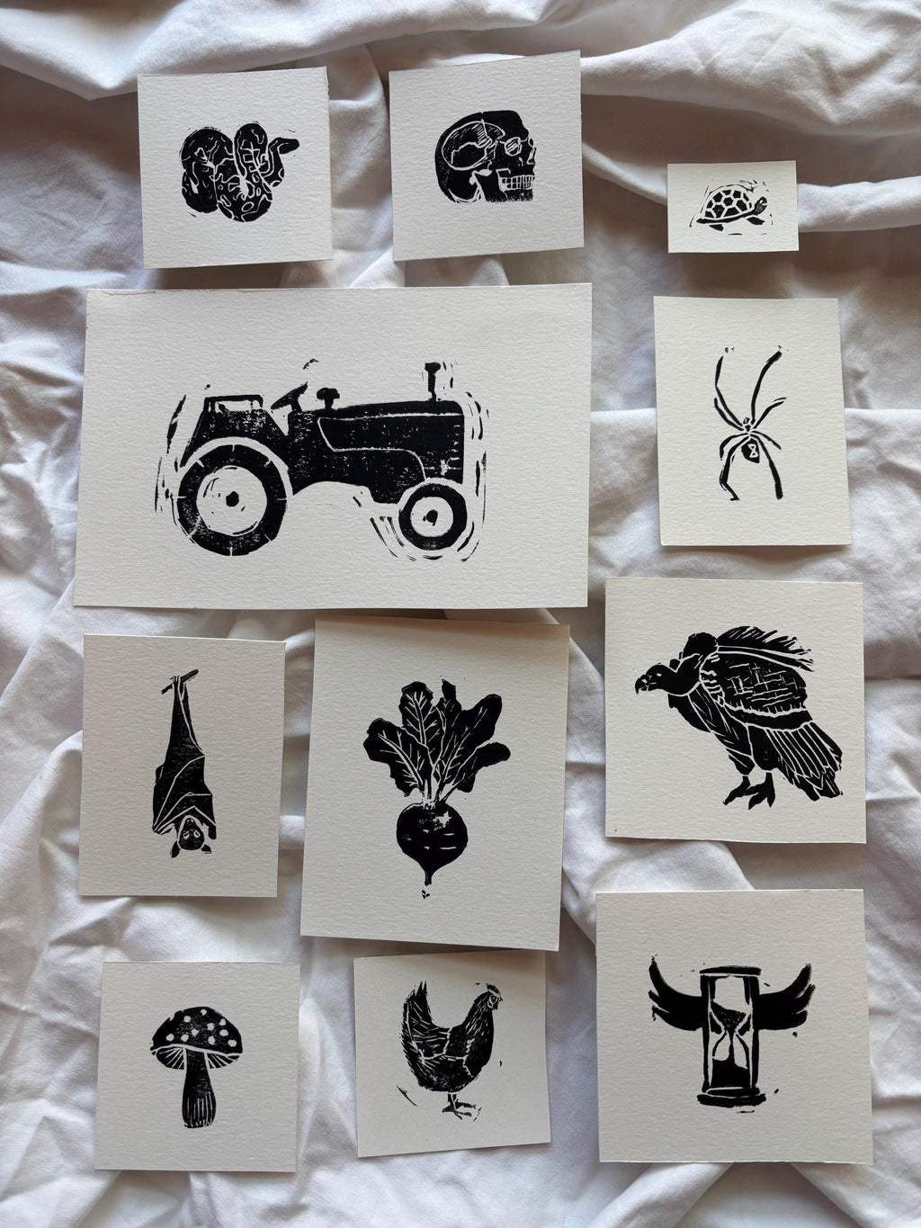 Set of hand carved block prints - mushroom, tractor, snake, chicken, spider, bat
