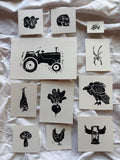 Set of hand carved block prints - mushroom, tractor, snake, chicken, spider, bat