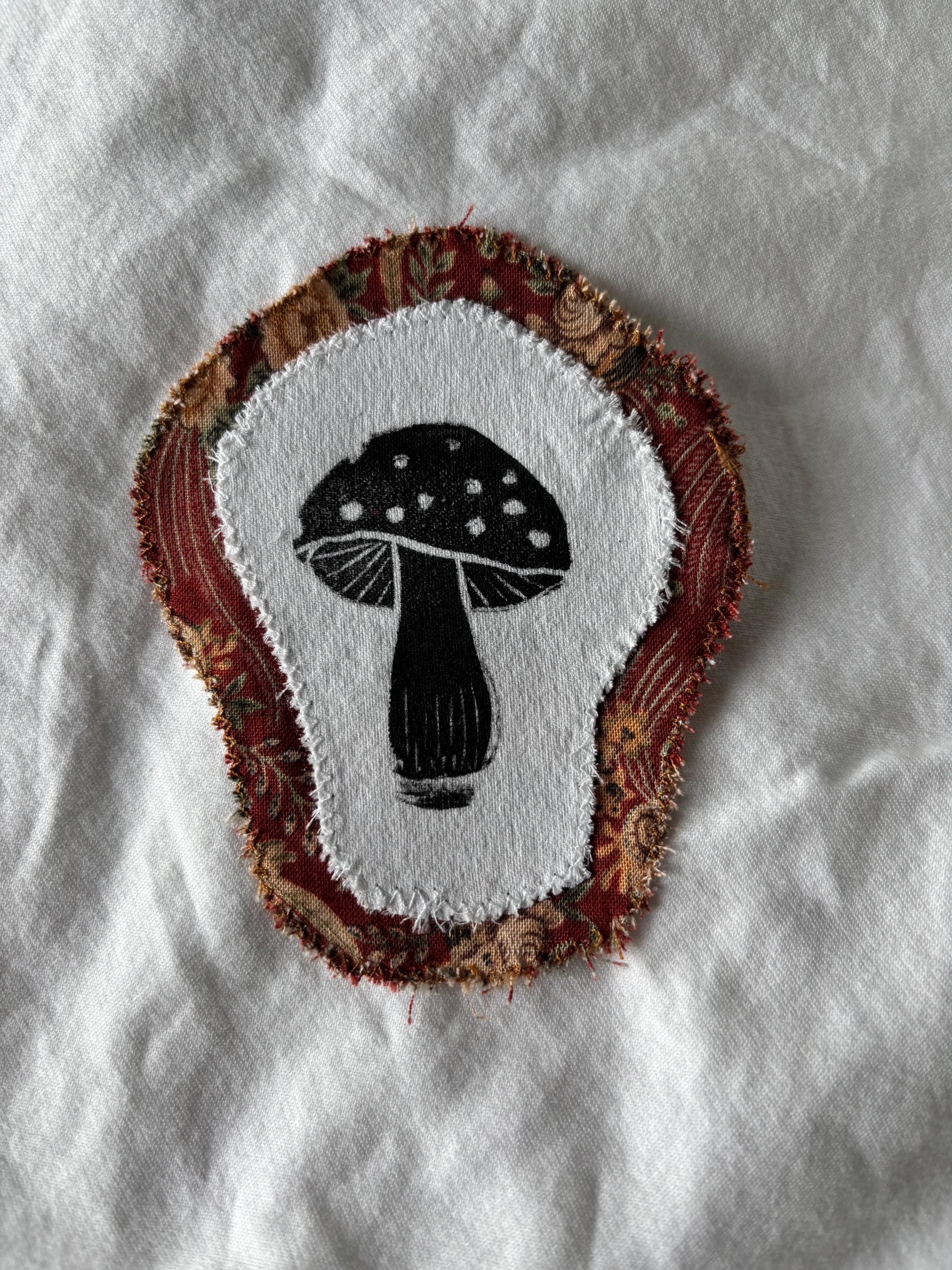 Mushroom linocut patch block print