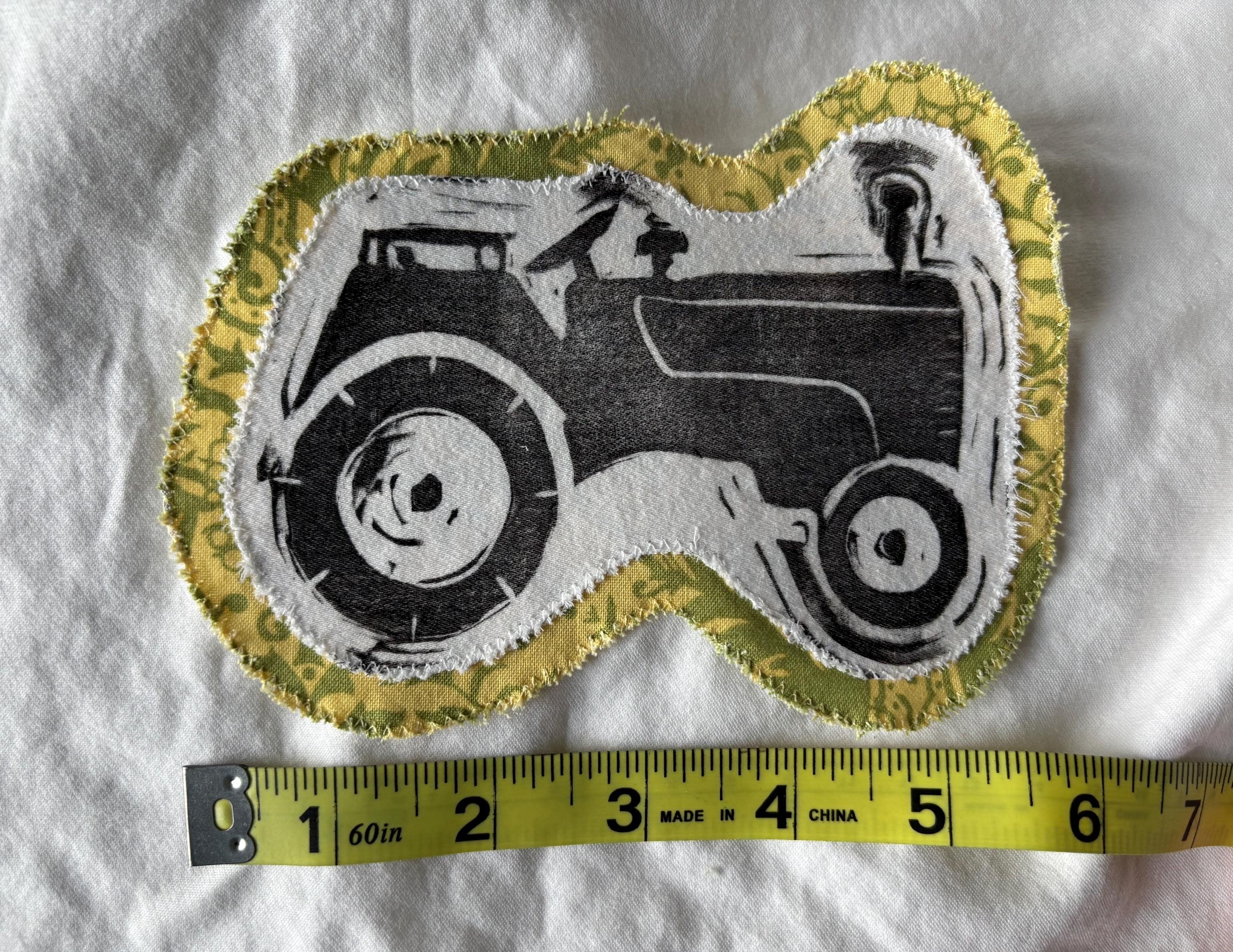 Tractor linocut patch block print