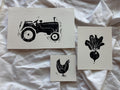 Hand carved farm block prints - tractor, chicken, vegetable / radish