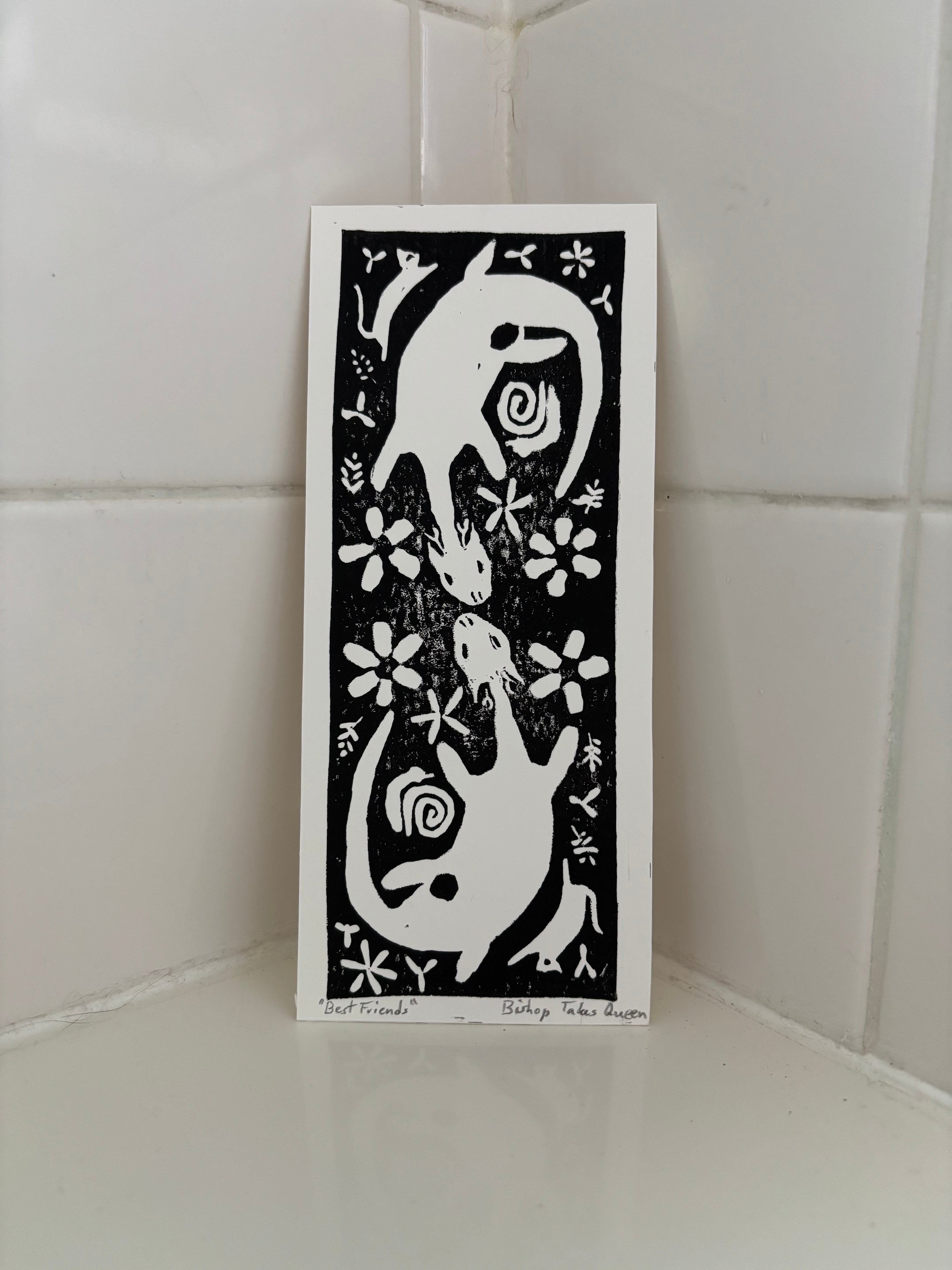 Handmade linocut bookmark